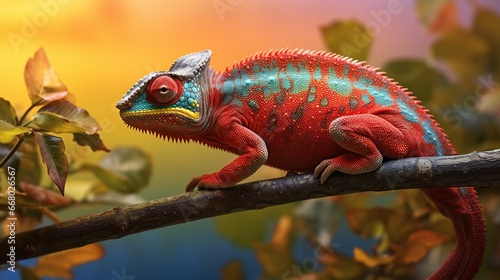 Beautiful of chameleon on branch blur nature background. AI generated image © prastiwi
