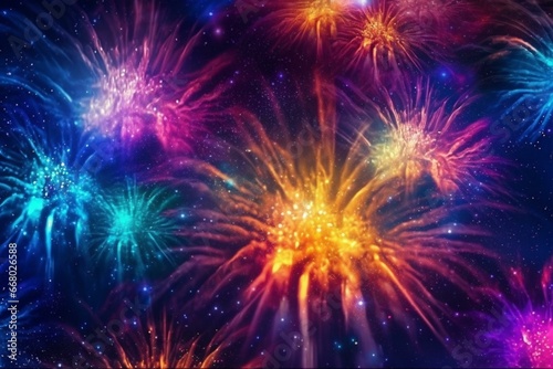 Colorful fireworks explode in a cosmic background, representing the beauty and speed of the universe. Neon glow stars twinkle in vibrant ultraviolet light of outer space. Generative AI