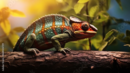 Beautiful of chameleon on branch blur nature background. AI generated image