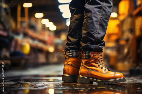A factory worker which is wearing safety shoe and working uniform is standing in the factory, ready for working in danger workplace concept. Industrial working scene and safety equipment. 