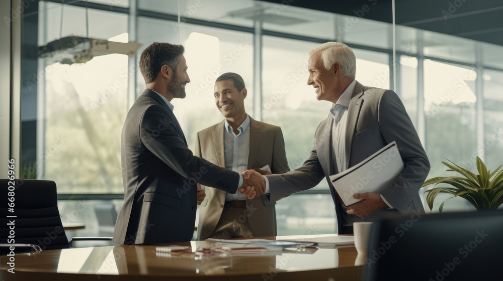 Senior executive shakes hands with employees. Senior executive shakes hands with employees.