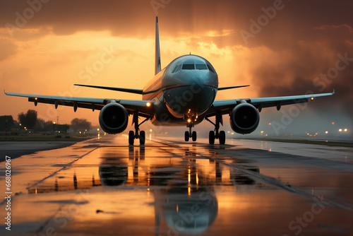 Front view of a large passenger airplane is landing on runway with orange burning sky as background.