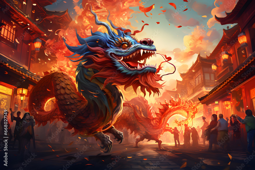 Asian dragon in oriental city ai generated art.  - obrazy, fototapety, plakaty 