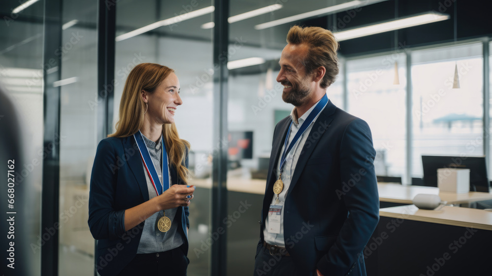 Colleagues exchange smiles receive engraved medals for teamwork. Colleagues exchange smiles receive engraved medals for teamwork.
