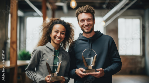 Colleagues in chic loft receive custom awards expressions filled with pride.