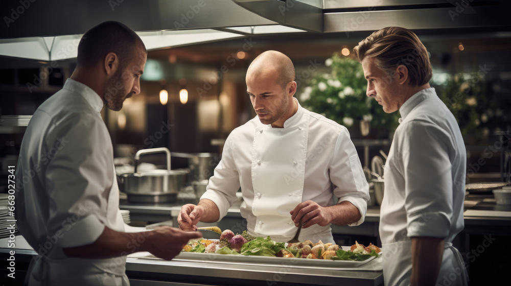 Chef presents plated dish to assistant; another joins in applause. Chef presents plated dish to assistant; another joins in applause.