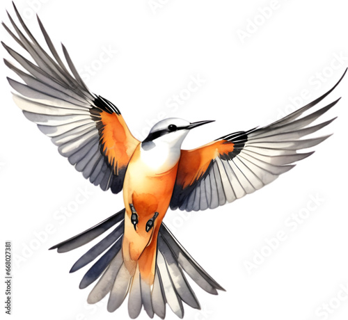 Watercolor paintings of colorful Scissor-tailed flycatcher birds.   photo