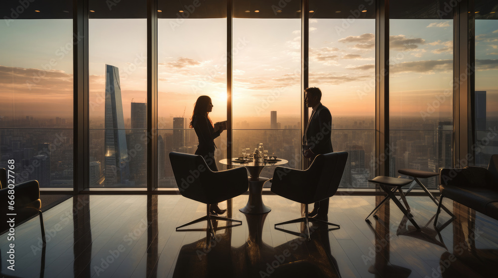A CEO and a dedicated employee toast in a modern conference room with a skyline backdrop symbolizing a thriving partnership.
