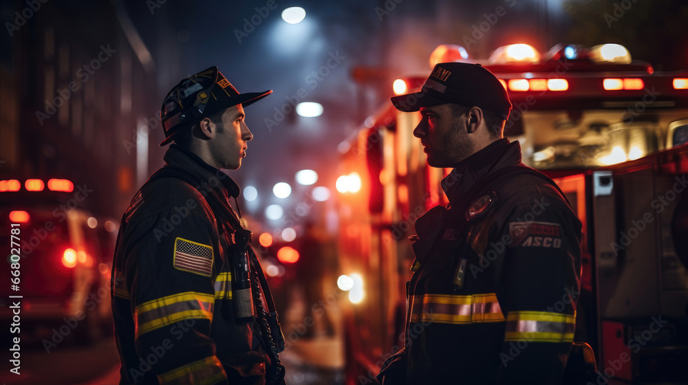 A firefighter and a paramedic exchange a meaningful look after a successful rescue A firefighter and a paramedic exchange a meaningful look after a successful rescue