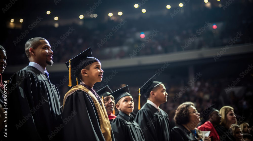 A parent watches with pride as their child is awarded a diploma on a grand graduation stage A parent watches with pride as their child is awarded a diploma on a grand graduation stage