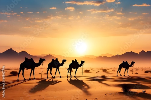 Silhouette of a caravan of camels in the desert at sunset