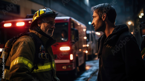 A firefighter and a paramedic exchange a knowing look after a successful rescue