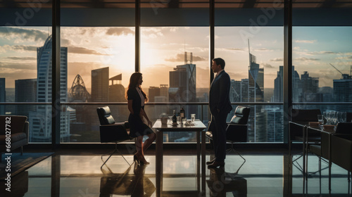 A CEO and a dedicated worker toast in a stylish conference room with floor-to-ceiling windows overlooking the cityscape