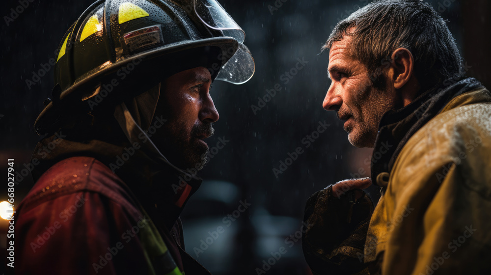 Firefighter and paramedic exchange a glance of gratitude acknowledging their successful collaboration