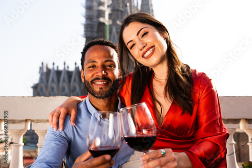 Photography Multiracial beautiful happy couple of lovers dating on rooftop balcony at Sagrad