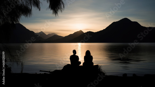 Friends meditate by lake.