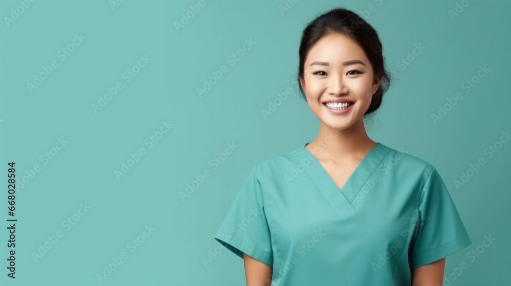 Friendly medical doctor or nurse in green uniform scrubs on copyspace background.