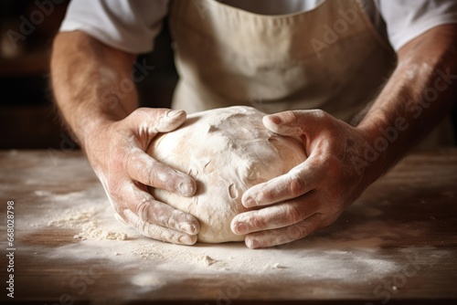 Bakers hands kneading dough for artisan fresh bread for the bakery
