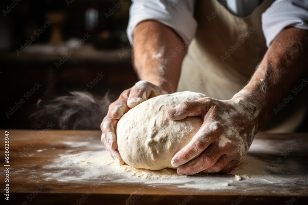 Bakers hands kneading dough for artisan fresh bread for the bakery