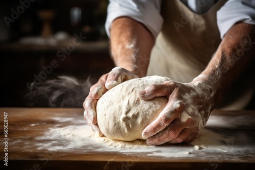 Bakers hands kneading dough for artisan fresh bread for the bakery © Denis