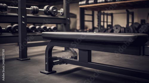 Bench in organized gym area.