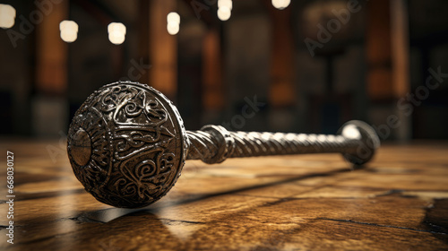 Close-up of battle mace leaning against clean gym wall. photo
