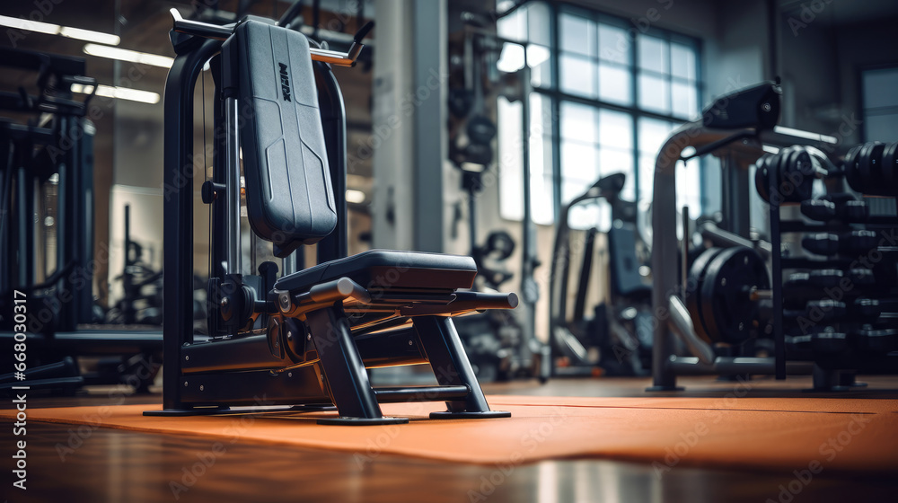 Obraz premium Vertical leg press machine in spacious well-kept gym no individuals.