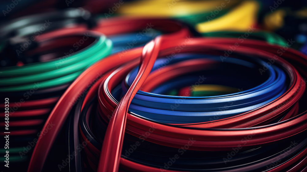 Set of resistance bands anchored in gym no people.