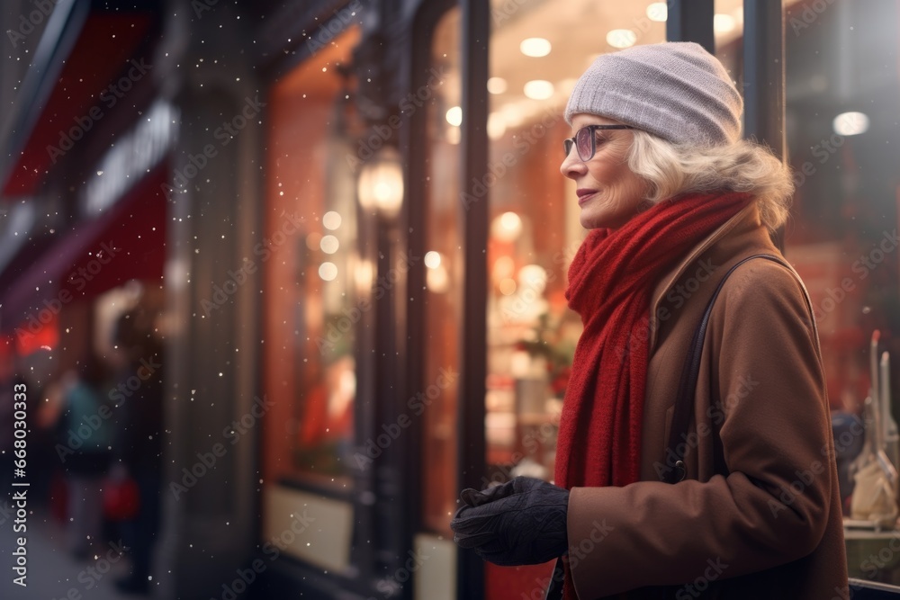 An aged woman in a red beret with a scarf in a coat walks around the Christmas city An aged woman in a red beret with a scarf in a coat walks around the Christmas city