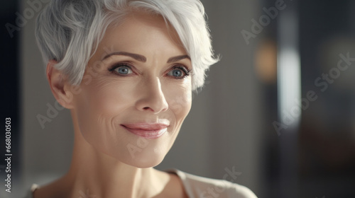 Timeless Grace: Woman Boasting Radiant, Healthy Skin and Elegant Gray Locks, Her Joyous Smile Capturing the Essence of Age-Defying Beauty in Cosmetic Elegance.