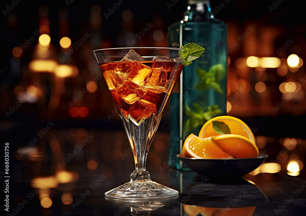 Red dry martini cocktail with ice and oranges on dark restaurant table with bottle.Macro.AI Generative Red dry martini cocktail with ice and oranges on dark restaurant table with bottle.Macro.AI Generative