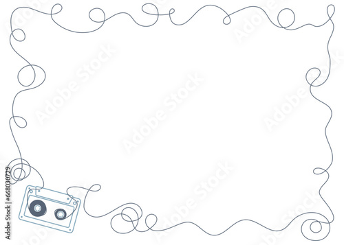Vector stylized old compact audio cassette with tape forming a frame. Isolated on blue background