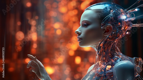 A smart and futuristic AI concept featuring a woman and a humanoid robot with a focus on artificial intelligence and technology. photo
