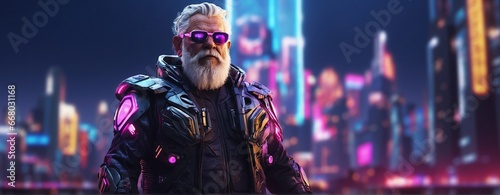 A wide angle shot of a old bearded man in futuristic outfit standing in front of a blurred cyberpunk city panorama with bright neon lights.