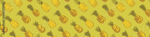 Pineapples pattern. Ananas background. Pineapple label, organic fruit idea. Ornament for fresh juice packaging design. South America fruits image. Tropical plant decoration.