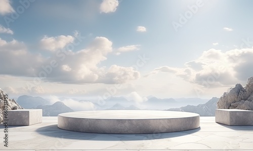 Serene scene with empty podium for display or product showcase with soft sky  fluffy clouds  and nature accents