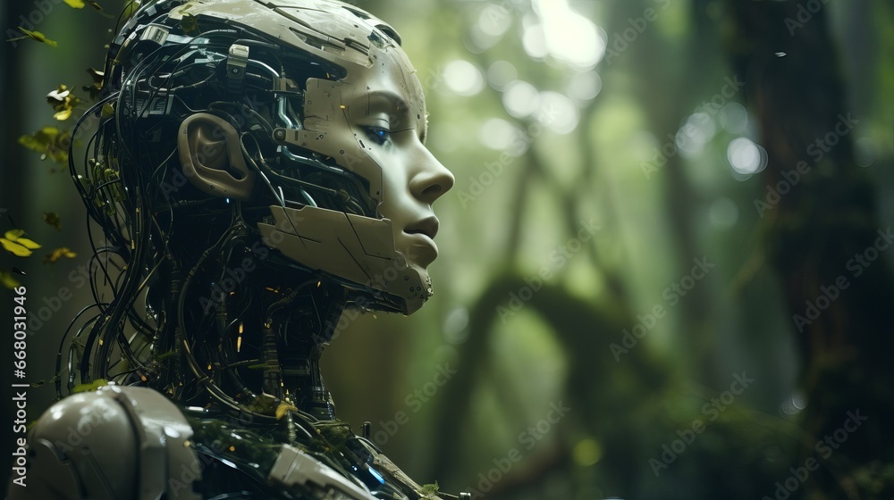 An artistic interpretation of nature and technology with a focus on the fusion of AI, robots, and plants in a forest setting. An artistic interpretation of nature and technology with a focus on the fusion of AI, robots, and plants in a forest setting.