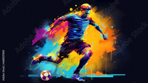 European football player and stadium. Sport concept. Soccer player run a game and kick ball © bit24