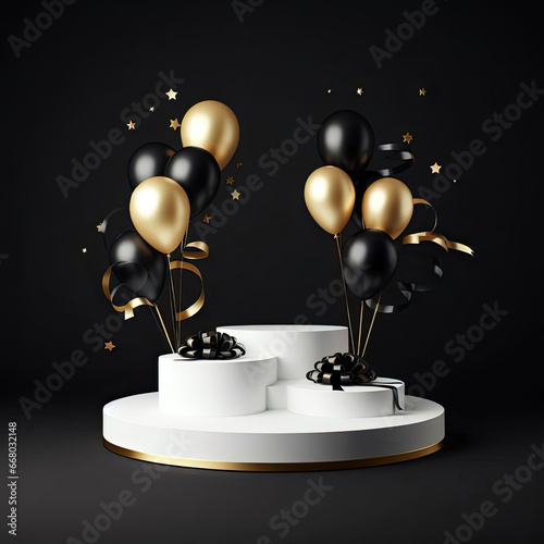 Luxury product podium mockup with black and gold balloon AI Generative
