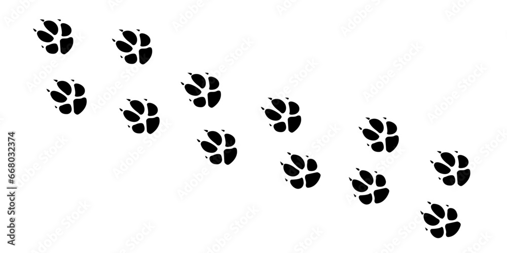 Fox paws. Animal paw prints, vector illustration different forest animals footprints black on white illustration for different design uses. - obrazy, fototapety, plakaty 