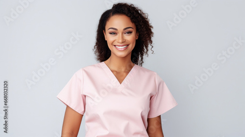 Friendly medical doctor or nurse in pink uniform scrubs on copyspace background. photo