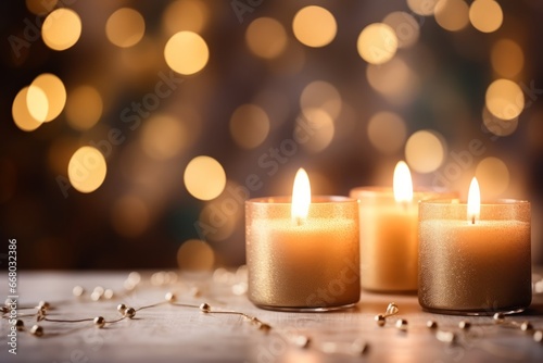 Cozy atmospheric blurred bokeh light background for Christmas with candles