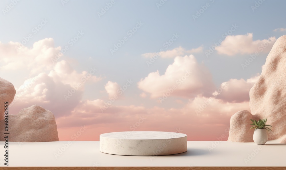 Serene scene with empty podium for display or product showcase with soft sky, fluffy clouds, and nature accents - obrazy, fototapety, plakaty 