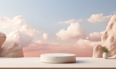 Serene scene with empty podium for display or product showcase with soft sky, fluffy clouds, and nature accents