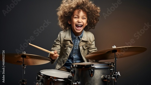 A joyful child is playing drums on a studio background with copy space. Creative banner for children's music school