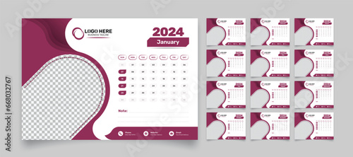 Minimalist desk calendar template for 2024 with 12 months date format and image placeholder