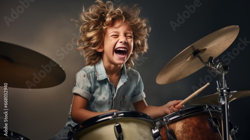 A joyful child is playing drums on a studio background with copy space. Creative banner for children's music school photo