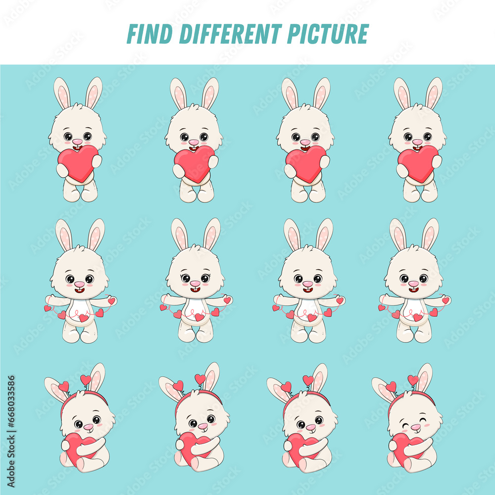 Find different bunny in each row. Logical game for kids. Cartoon cute rabbit with heart. Find different bunny in each row. Logical game for kids. Cartoon cute rabbit with heart.