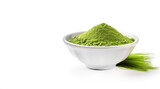 Green Barley Sprout grass and bowl of green detox powder isolated on white. Banner with Copyspace.