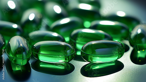 Green chlorella pills or green barley pills and powder closeup. photo
